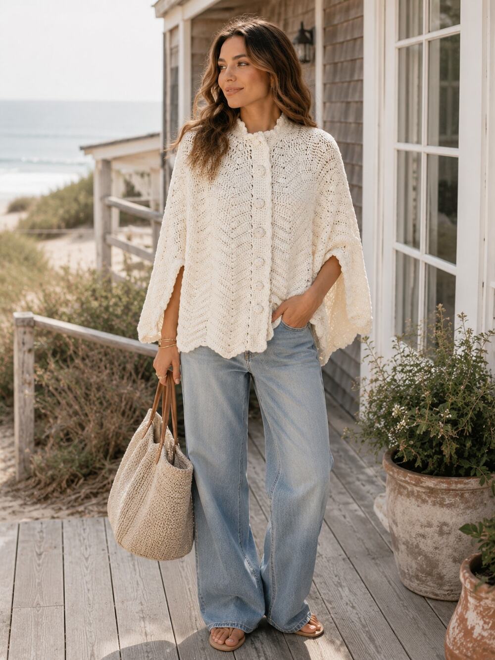 ONE OF A KIND Handmade Cream Knit Crochet Cape Sweater Poncho Fits S–M Best